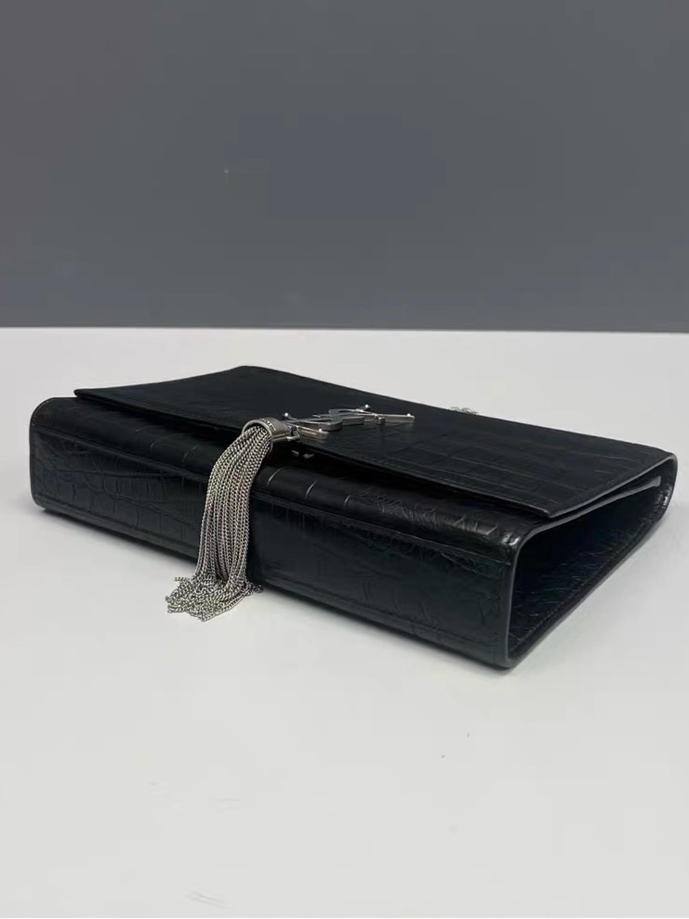 Saint Laurent Black Croc-Embossed Leather Tassel Chain Shoulder Bag - Picture 4 of 9